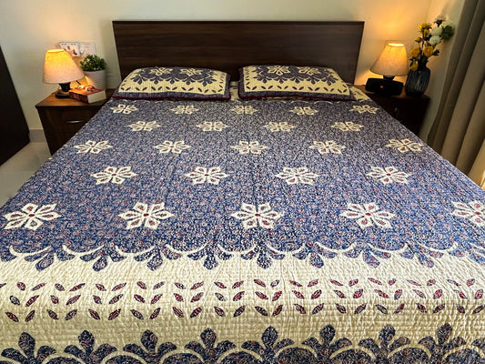 Reversible Quilted King Size Bedcover – Handcrafted in 100% Cotton with Floral & Geometric Prints