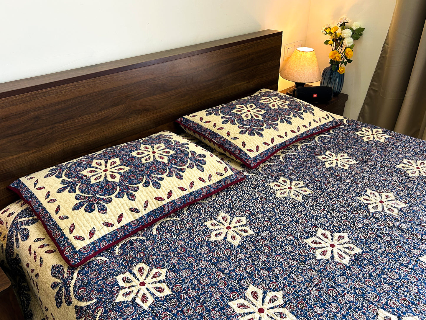 Reversible Quilted King Size Bedcover – Handcrafted in 100% Cotton with Floral & Geometric Prints