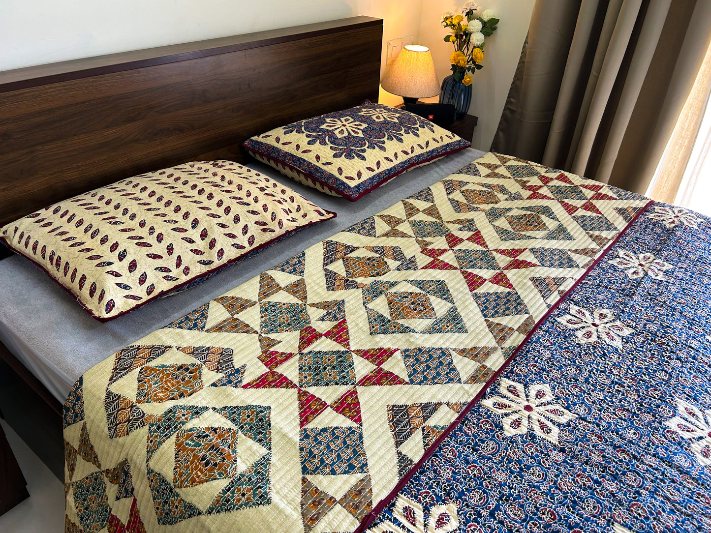 Reversible Quilted King Size Bedcover – Handcrafted in 100% Cotton with Floral & Geometric Prints