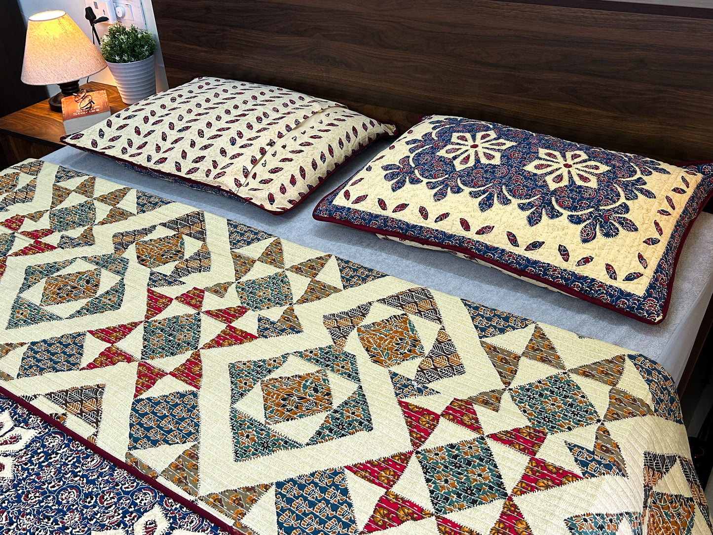 Reversible Quilted King Size Bedcover – Handcrafted in 100% Cotton with Floral & Geometric Prints