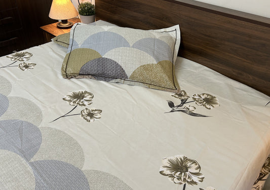 Olive & Taupe Floral Scallop King Size Bedsheet Set