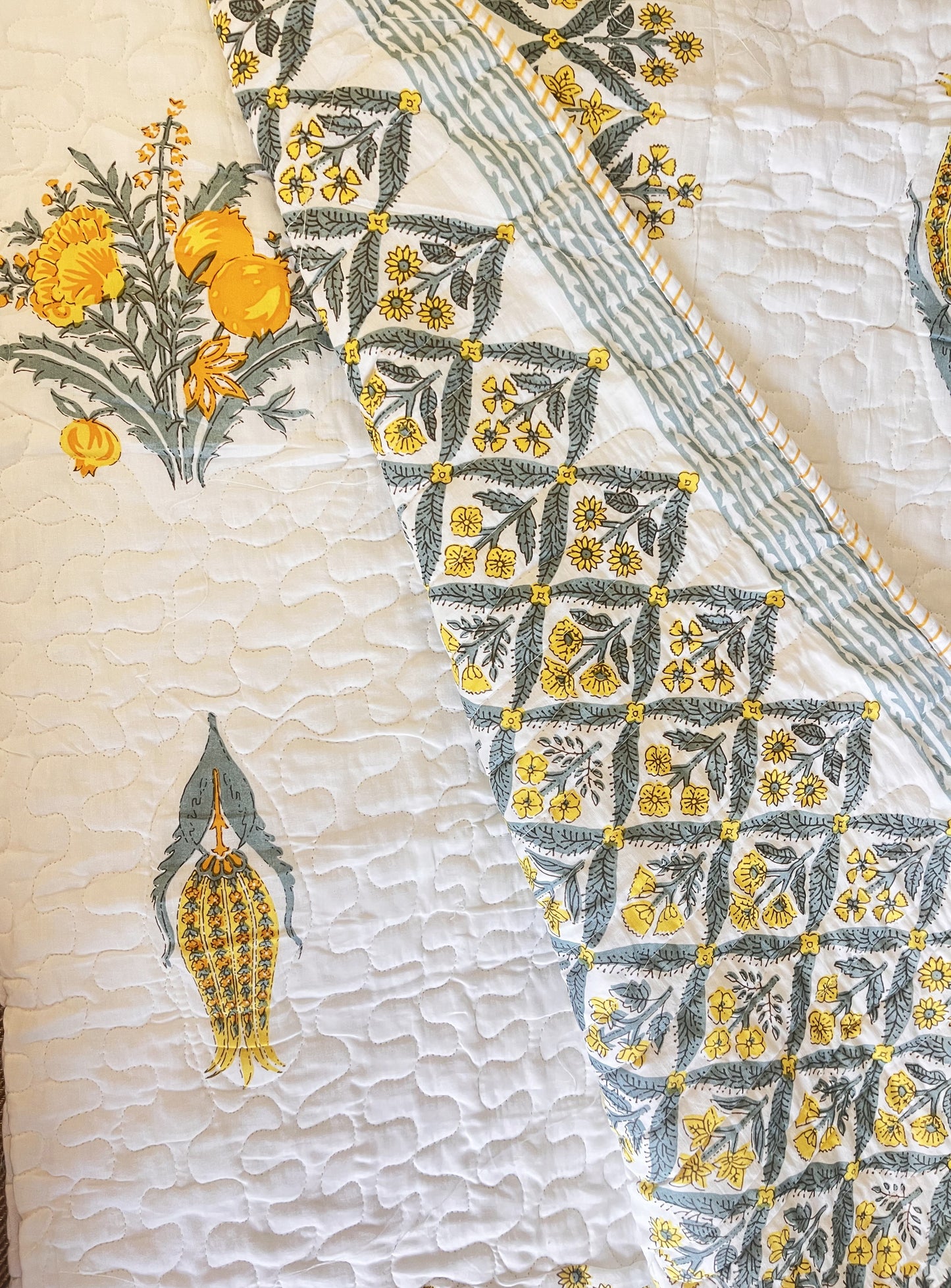 Yellow Floral Mulmul Quilted Bedcover 4-Piece Set