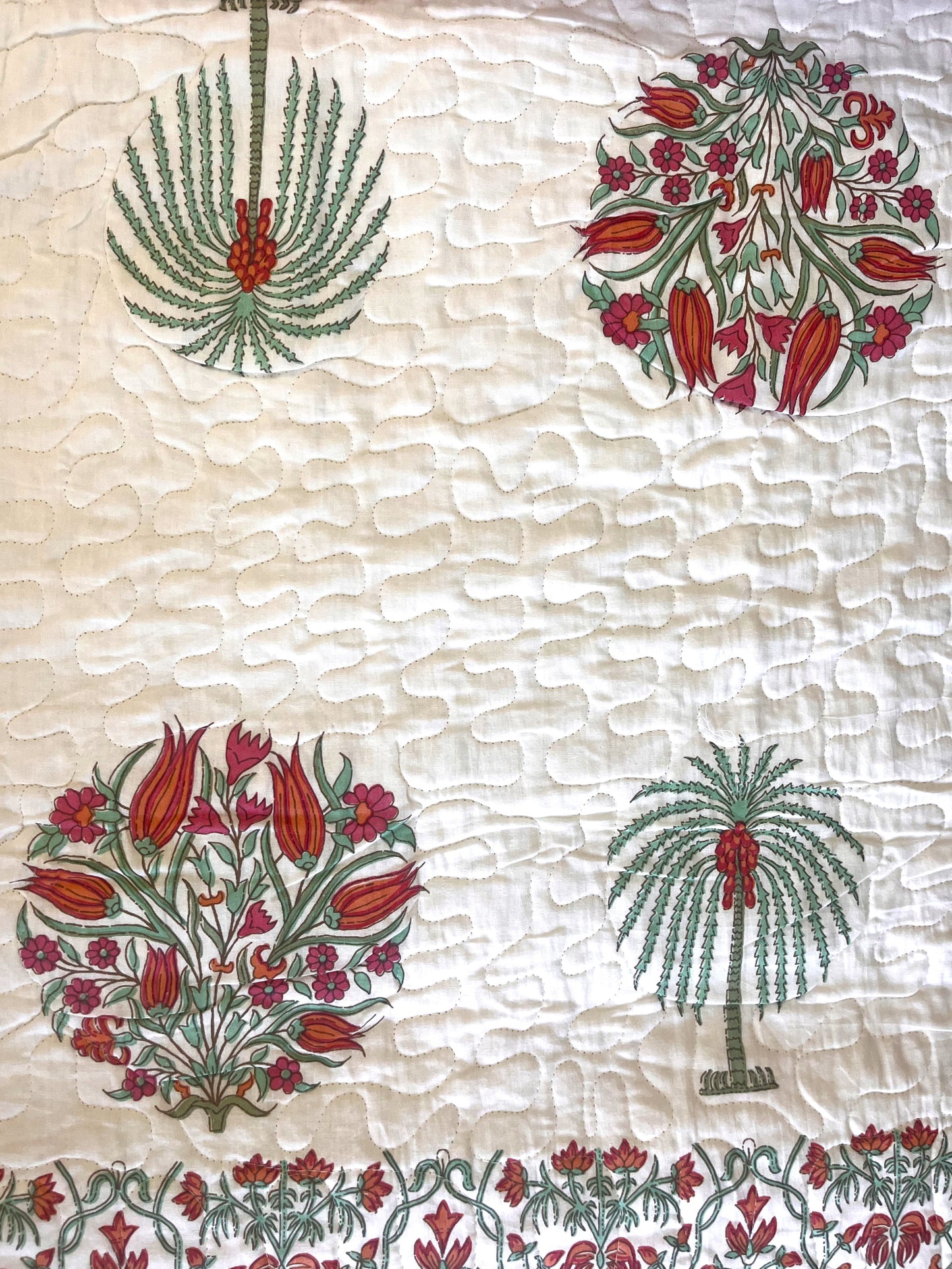 Palm trees & Floral Mulmul Quilted Bedcover 4-Piece Set