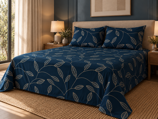 Rich Blue Botanical King Size Pure Cotton Bedsheet