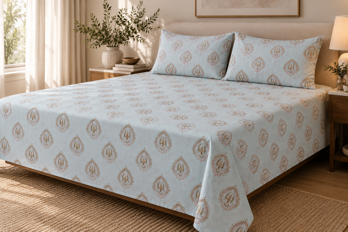 Aqua Light Blue Paisley Pure Cotton King Size Bedsheet