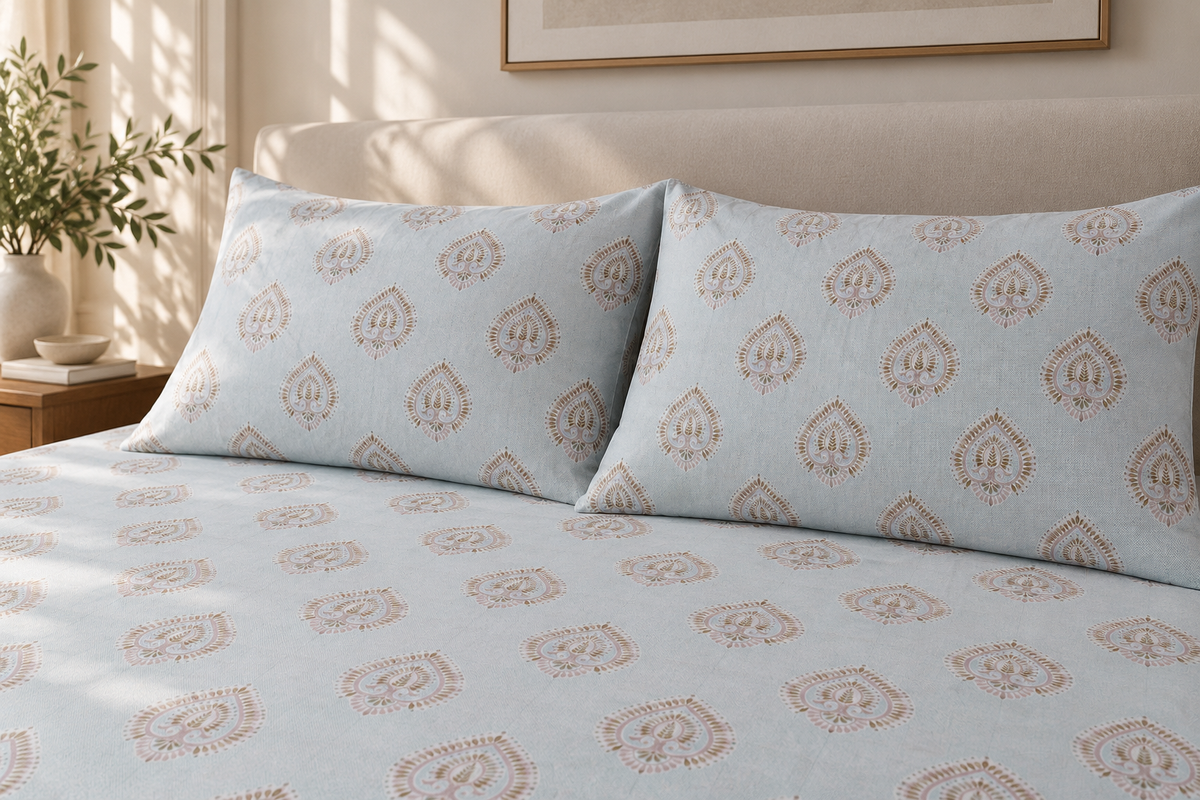 Aqua Light Blue Paisley Pure Cotton King Size Bedsheet