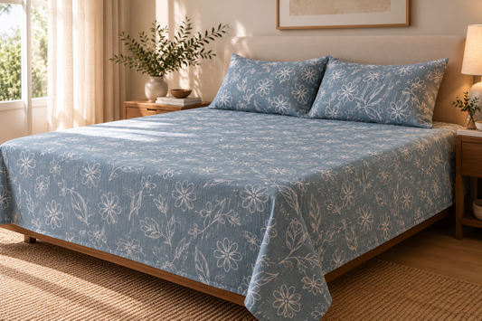 Blue White Doodle Pure Cotton King Size Bedsheet