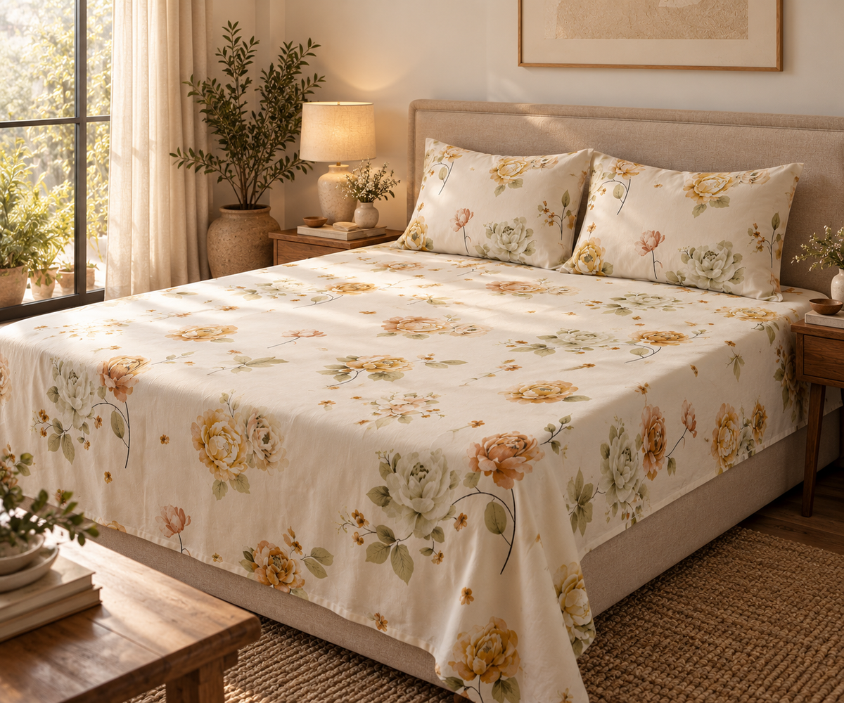 Floral Marigolds Pure Cotton King Size Bedsheet