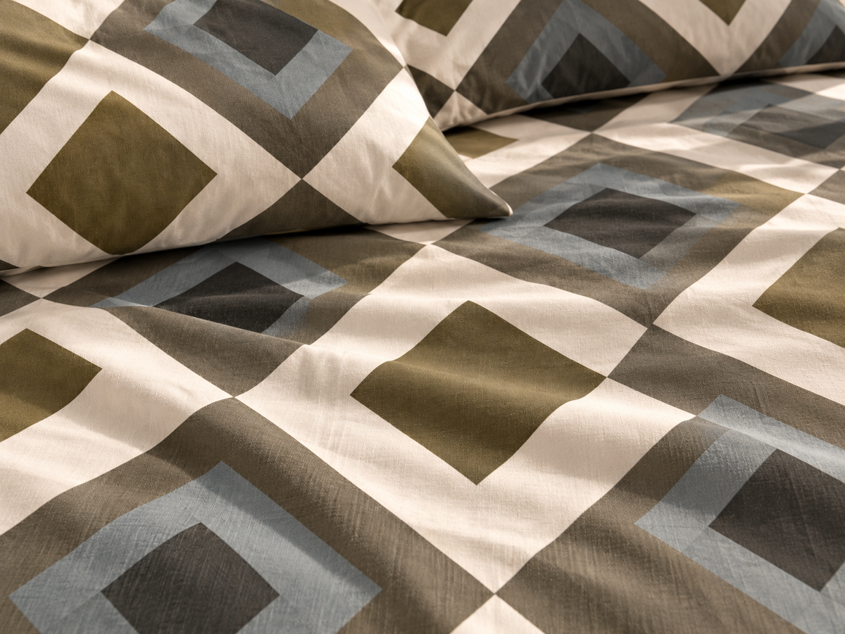 Olive Beige Geometric Grid King Size Pure Cotton Bedsheet