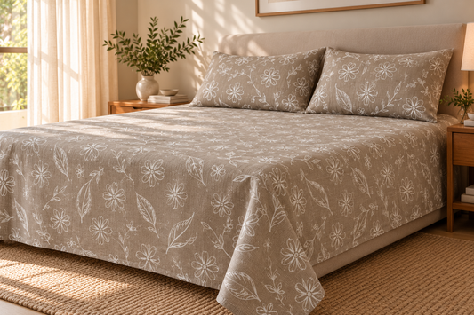 Beige Floral Doodle King Size Pure Cotton Bedsheet