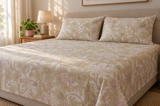 Beige Blush Paisley Pure Cotton King Size Bedsheet