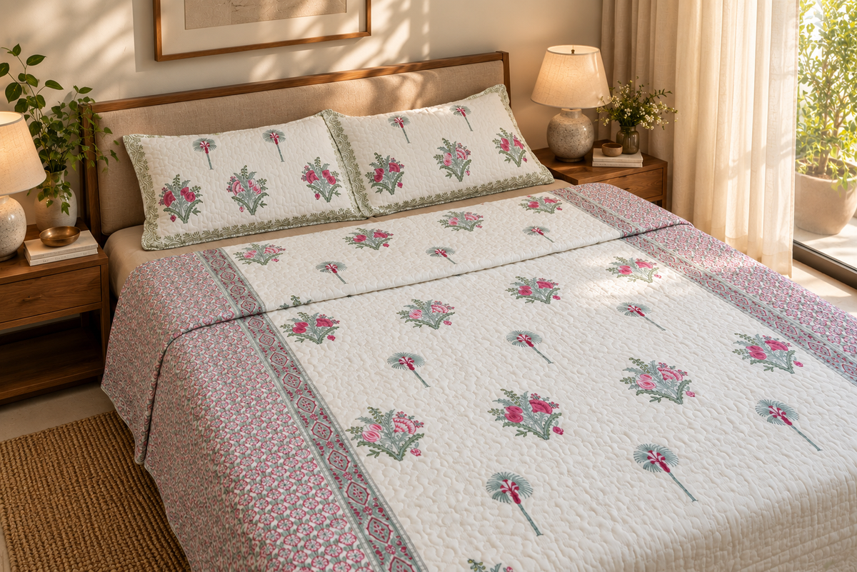 Jaipuri Handblock Print Pink King Size Quilted Bedcover – 100% Mulmul Cotton