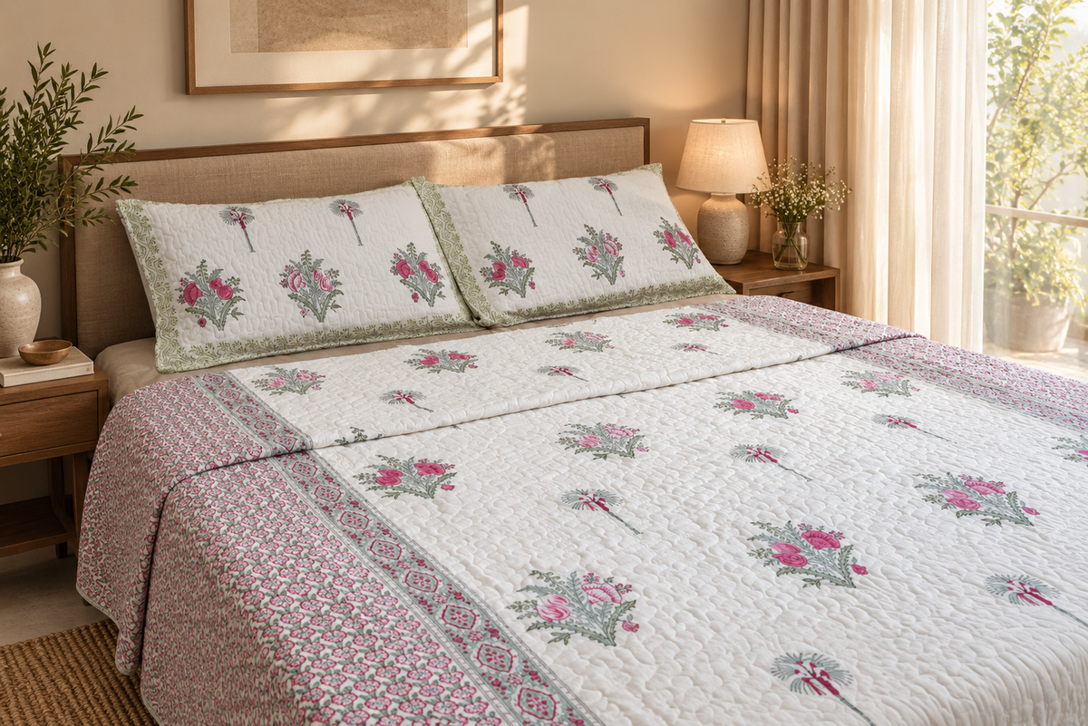 Jaipuri Handblock Print Pink King Size Quilted Bedcover – 100% Mulmul Cotton