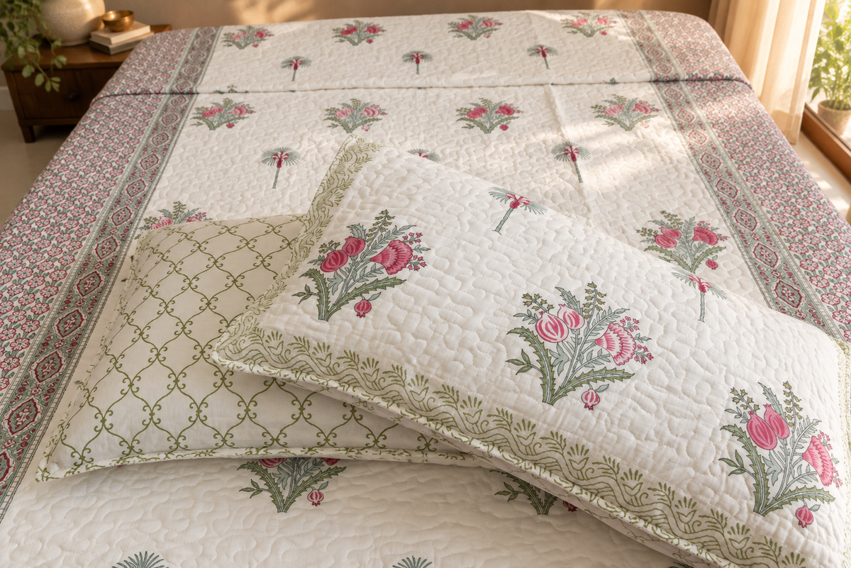 Jaipuri Handblock Print Pink King Size Quilted Bedcover – 100% Mulmul Cotton