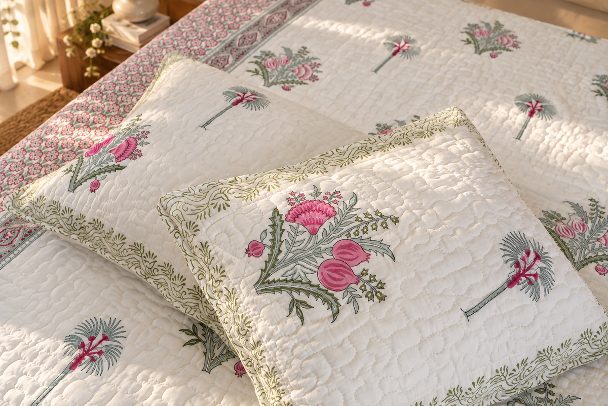 Jaipuri Handblock Print Pink King Size Quilted Bedcover – 100% Mulmul Cotton