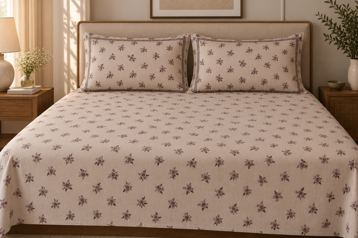 Beige Floral 300 TC Cotton King Size Bedsheet
