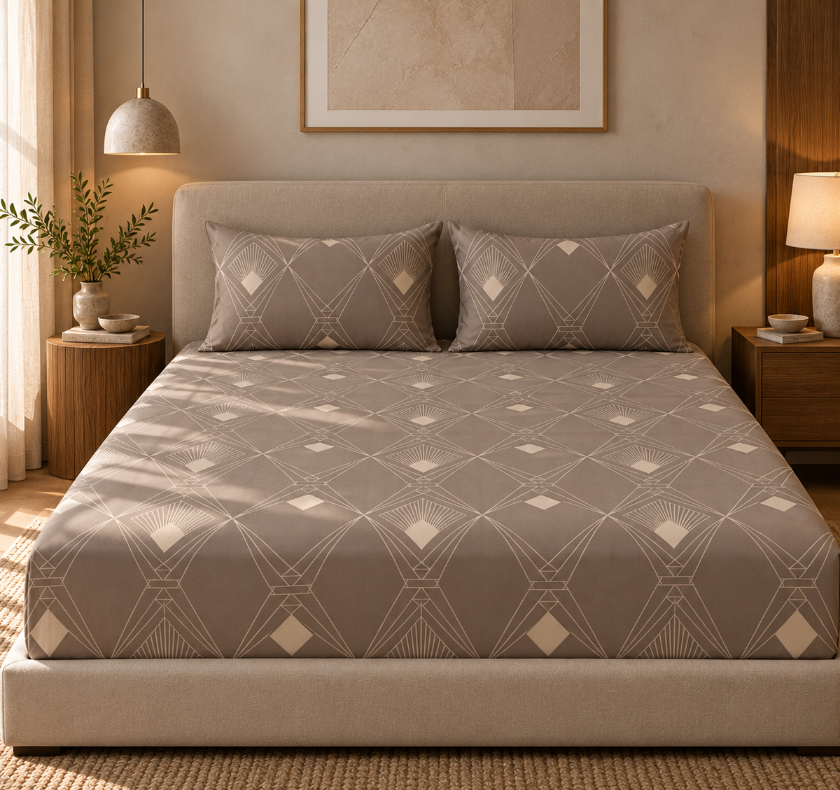 Taupe Geometric King Size Pure Cotton Bedsheet