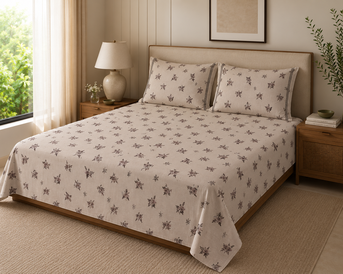 Beige Floral 300 TC Cotton King Size Bedsheet