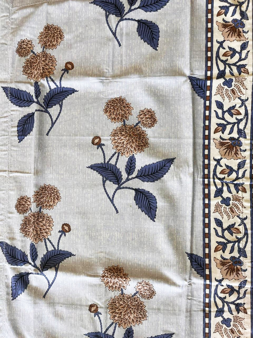 Blue and Beige Checked Floral 240 TC Pure Cotton King Size Bedsheet