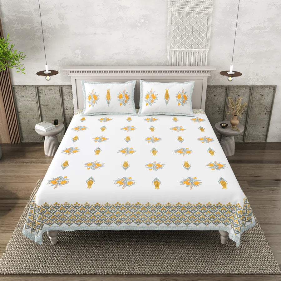 Yellow Floral Mulmul Quilted Bedcover 4-Piece Set