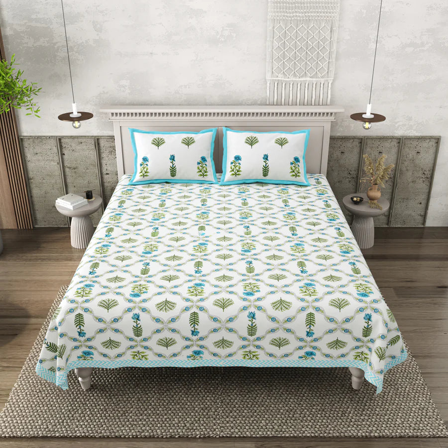 Turquoise Blossom Mulmul Quilted Bedcover 4 piece Set