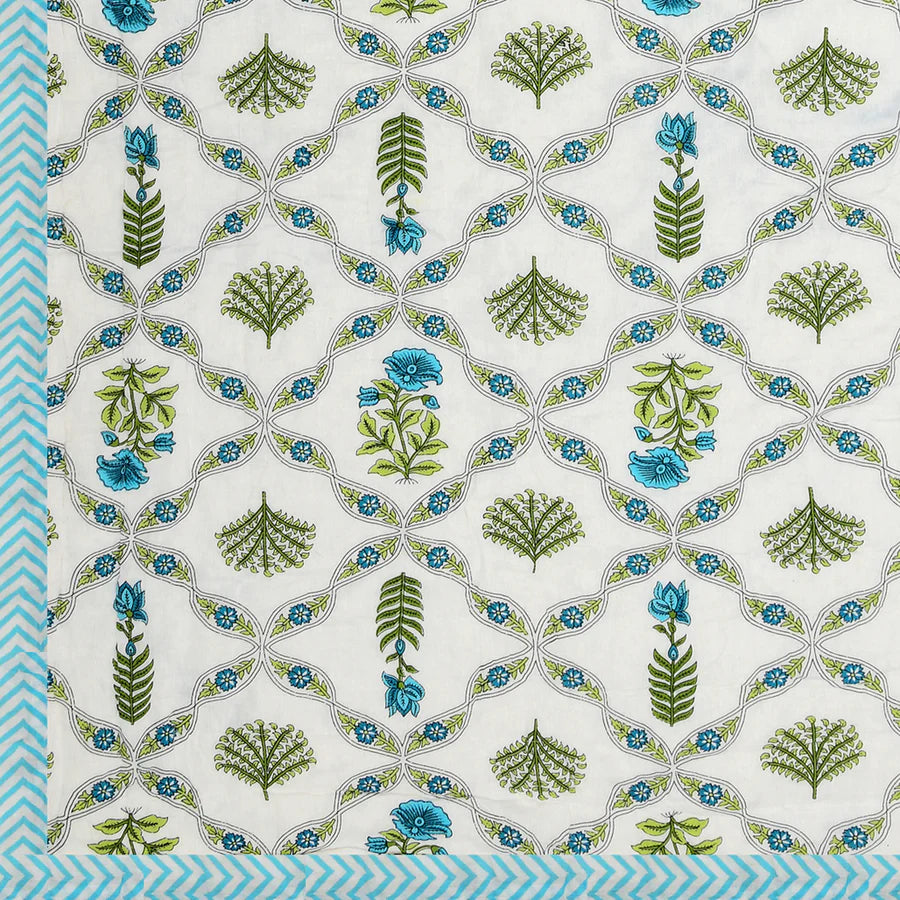 Turquoise Blossom Mulmul Quilted Bedcover 4 piece Set