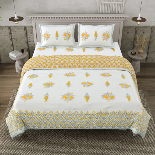 Yellow Floral Mulmul Quilted Bedcover 4-Piece Set