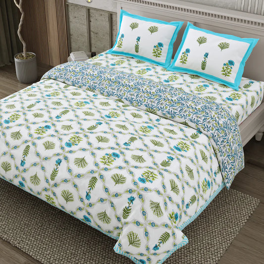 Turquoise Blossom Mulmul Quilted Bedcover 4 piece Set
