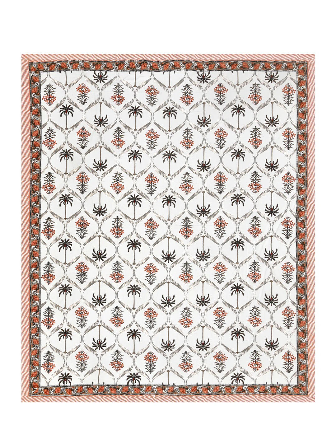 Jaipuri Sanganeri Palm Tree Motif Rust Orange 200 TC 100% Pure Cotton King Size Bedsheet with 2 Pillow Covers