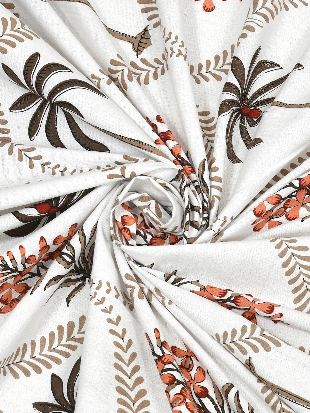 Jaipuri Sanganeri Palm Tree Motif Rust Orange 200 TC 100% Pure Cotton King Size Bedsheet with 2 Pillow Covers