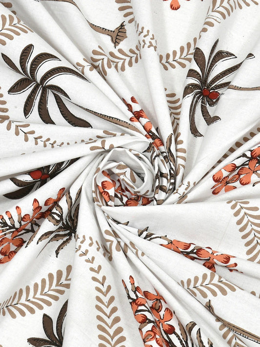 Jaipuri Sanganeri Palm Tree Motif Rust Orange 200 TC 100% Pure Cotton King Size Bedsheet with 2 Pillow Covers