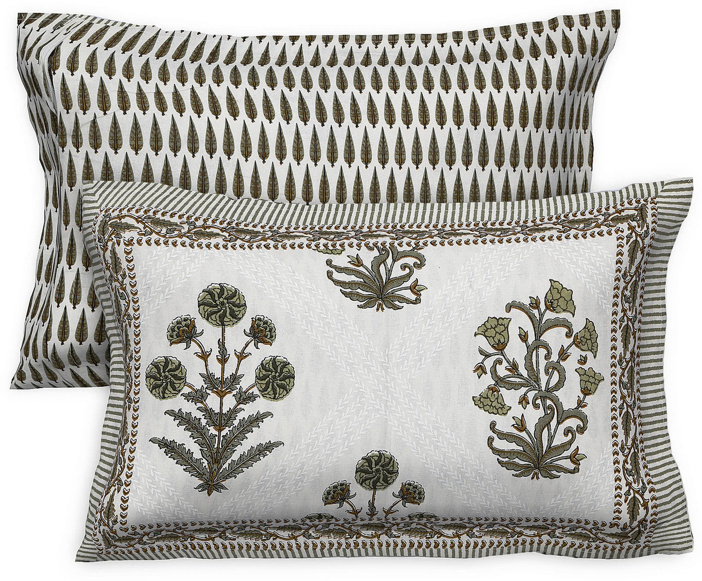 Floral Motif Olive Green  200 TC 100% Pure Cotton King Size Bedsheet with 2 Pillow Covers