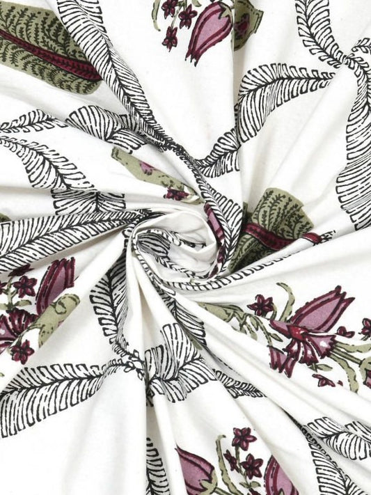 Pink Mauve & White Jaipuri Handblock 200 TC 100% Pure Cotton King Size Bedsheet with 2 Pillow Covers