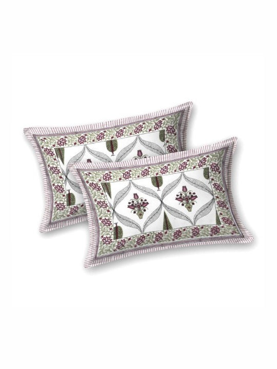 Pink Mauve & White Jaipuri Handblock 200 TC 100% Pure Cotton King Size Bedsheet with 2 Pillow Covers