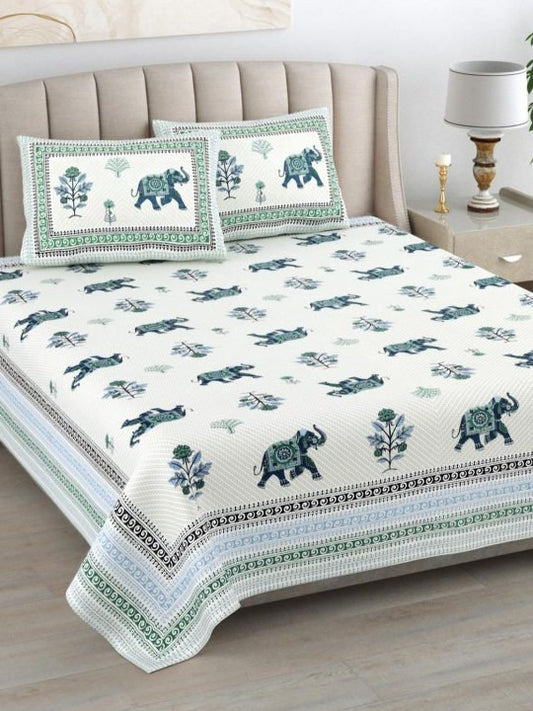 Elephant Motif Design Green & Blue 200 TC 100% Pure Cotton King Size Bedsheet with 2 Pillow Covers