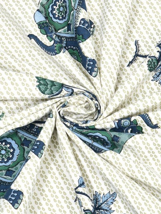 Elephant Motif Design Green & Blue 200 TC 100% Pure Cotton King Size Bedsheet with 2 Pillow Covers