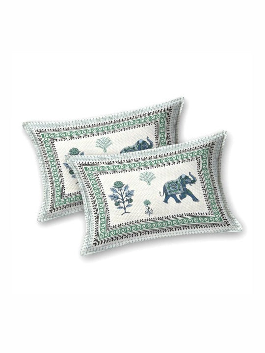 Elephant Motif Design Green & Blue 200 TC 100% Pure Cotton King Size Bedsheet with 2 Pillow Covers
