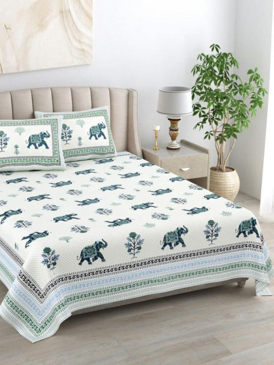 Elephant Motif Design Green & Blue 200 TC 100% Pure Cotton King Size Bedsheet with 2 Pillow Covers