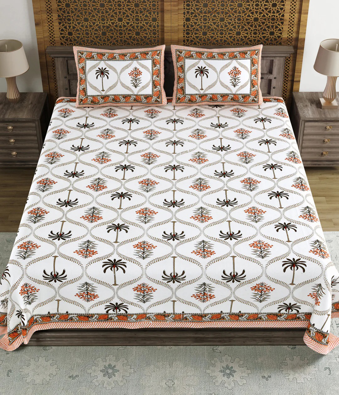 Jaipuri Sanganeri Palm Tree Motif Rust Orange 200 TC 100% Pure Cotton King Size Bedsheet with 2 Pillow Covers