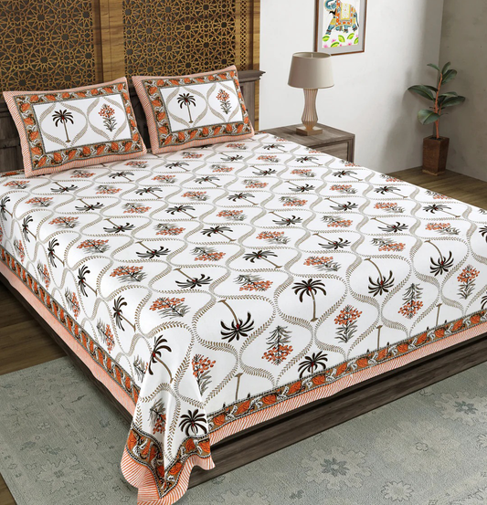 Jaipuri Sanganeri Palm Tree Motif Rust Orange 200 TC 100% Pure Cotton King Size Bedsheet with 2 Pillow Covers
