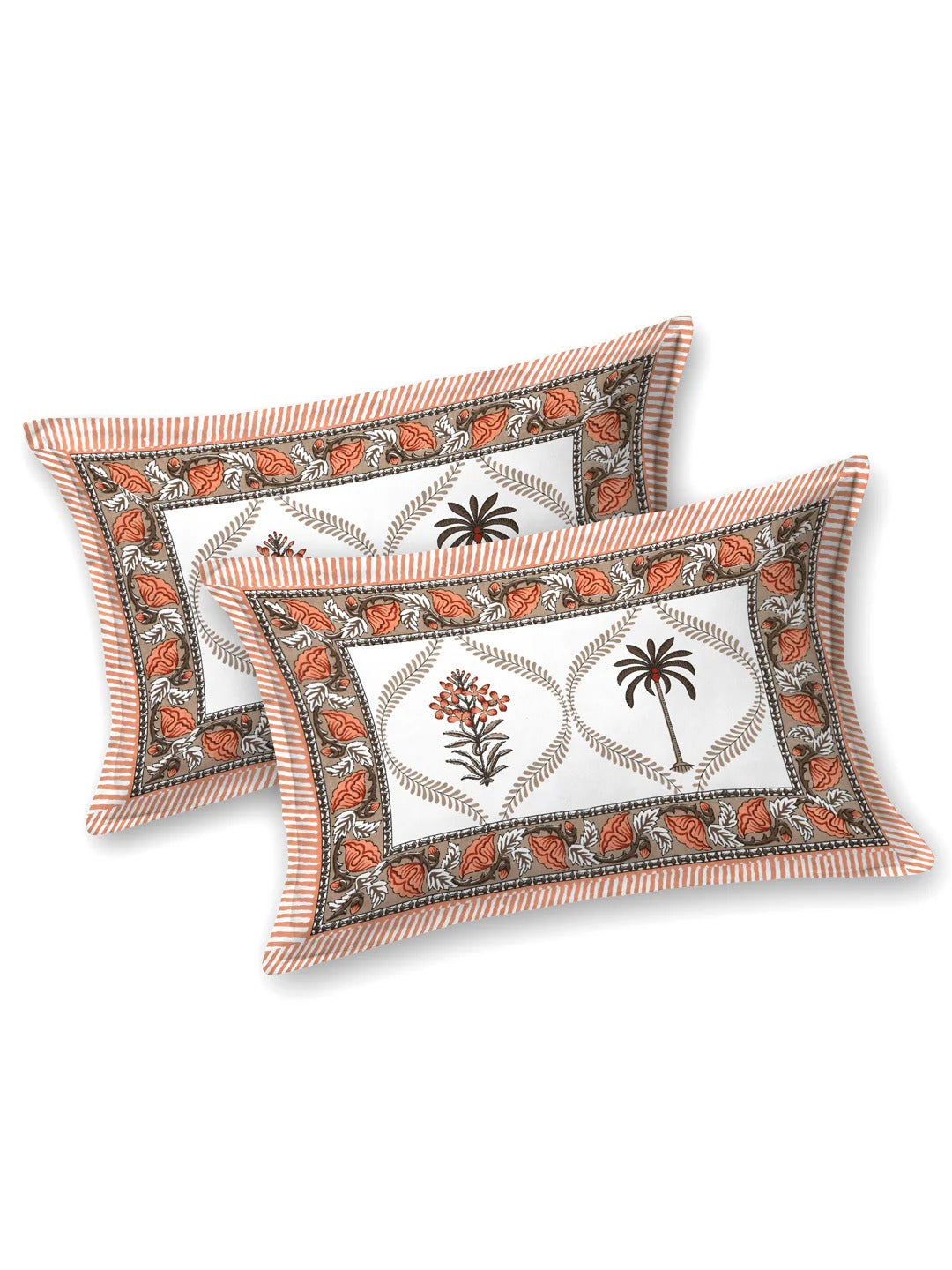 Jaipuri Sanganeri Palm Tree Motif Rust Orange 200 TC 100% Pure Cotton King Size Bedsheet with 2 Pillow Covers