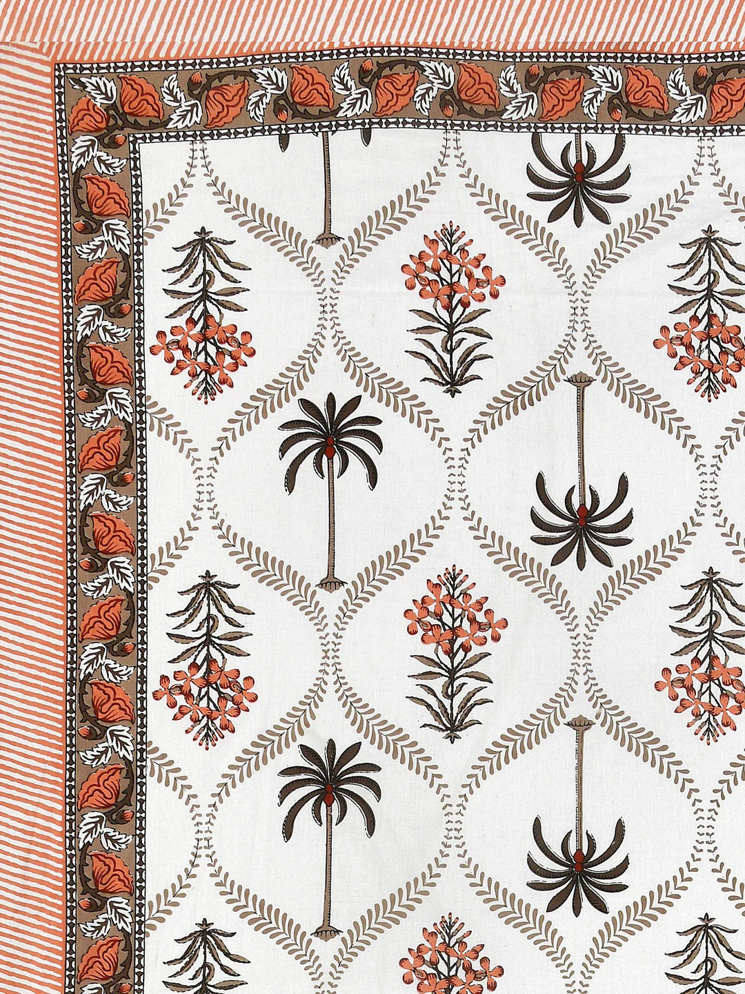 Jaipuri Sanganeri Palm Tree Motif Rust Orange 200 TC 100% Pure Cotton King Size Bedsheet with 2 Pillow Covers