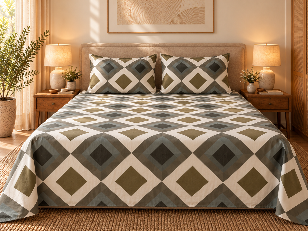 Olive Beige Geometric Grid King Size Pure Cotton Bedsheet