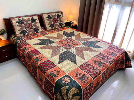Double-Sided Quilted King Size Bedcover Set – 100% Cotton Hand Block Print (Floral & Star Motif)