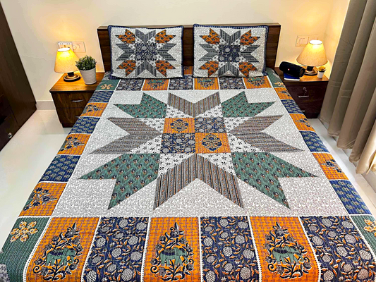 Double-Sided Quilted King Size Bedcover Set – 100% Cotton Hand Block Print