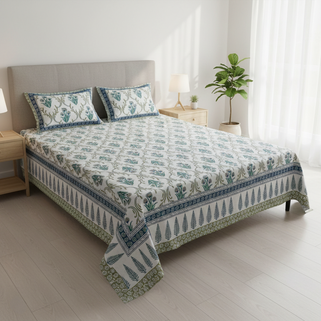 Blue and White Jaipuri Print 200 TC Pure Cotton King Size Bedsheet with 2 Pillow Covers