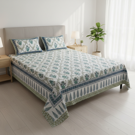 Blue and White Jaipuri Print 200 TC Pure Cotton King Size Bedsheet with 2 Pillow Covers