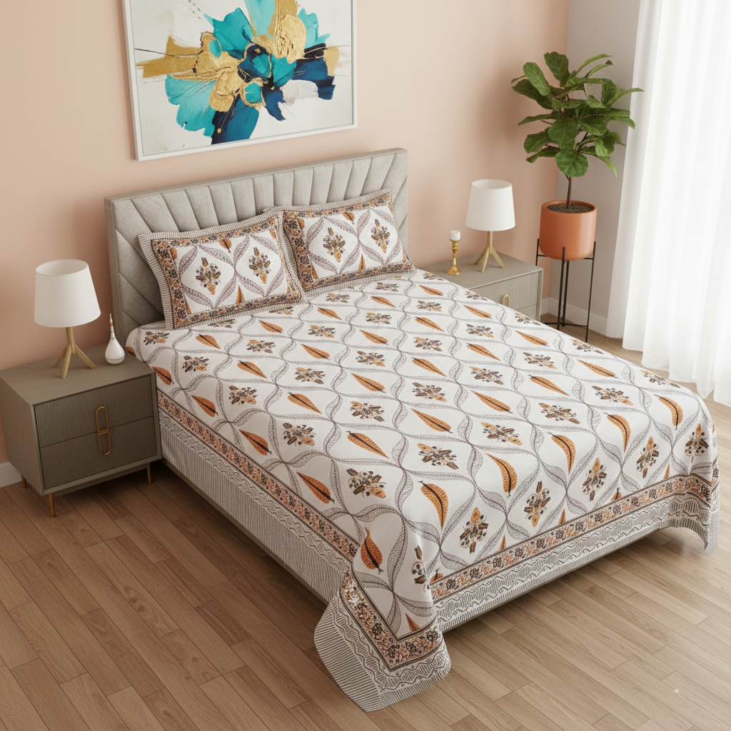 Yellow & White Jaipuri Handblock 200 TC 100% Pure Cotton King Size Bedsheet with 2 Pillow Covers