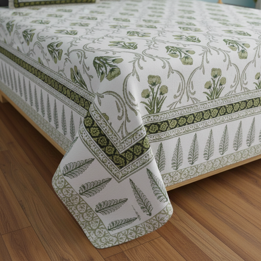 Green and White Jaipuri Print 200 TC Pure Cotton King Size Bedsheet with 2 Pillow Covers