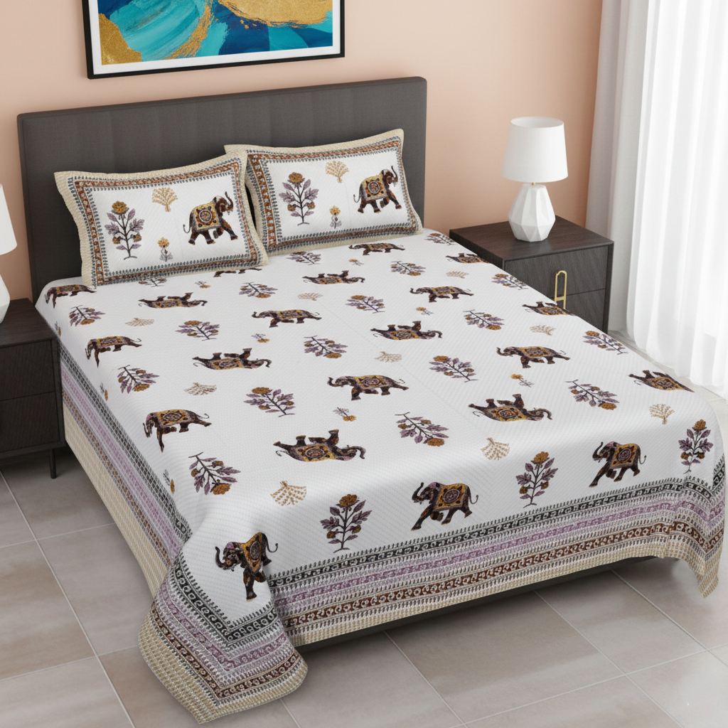 Elephant Motif Brown & Mauve 200 TC 100% Pure Cotton King Size Bedsheet with 2 Pillow Covers